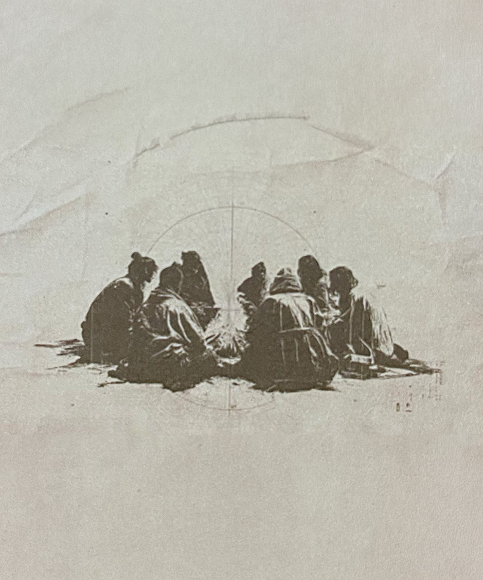 Circle of people gathered close around a fire